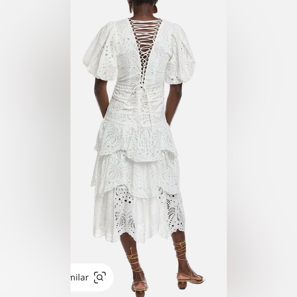 NEW FARM Rio White Eyelet Tiered Puff Sleeve Midi Dress‎ Size XS - Picture 7 of 17